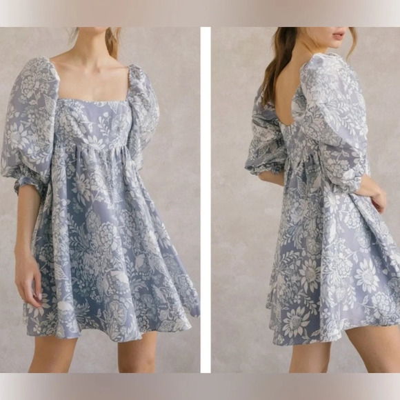 STORIA Claire Floral Damask Babydoll Puff Sleeve Mini Dress XS NWT - Picture 2 of 8